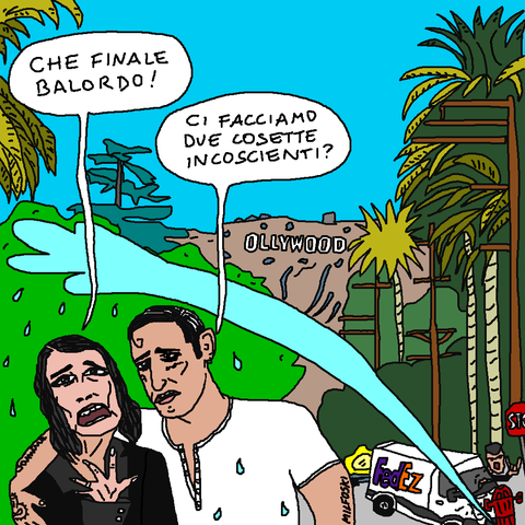 Vignetta satirica su Sanremo 2025. Giorgia e Achille Lauro in primo piano, bagnati da un idrante rotto. Sullo sfondo, la scritta ‘OLLYWOOD’ senza la H e un furgone ‘Fedez’ schiantato. Giorgia dice: ‘Che finale balordo!’ e Lauro risponde: ‘Ci facciamo due cosette incoscienti?’.