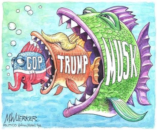 A cartoon by M Wuerker

A red white and blue GOP elephant fish 
Gets swallowed by a larger orange TRUMP fish
Which is finally eaten by a MUSK fish.