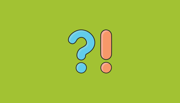 A large question mark in two shades of blue and a large exclamation mark is in two shades of orange. Both sit on a green background.