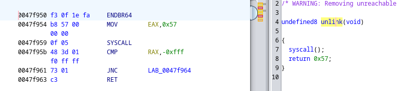 Shows the assembly on the left side. It's clear 0x57 is moved into EAX and then passed to the SYSCALL. On the right, Ghidra says it does "syscall()" (no argument) and then "return 0x57" which makes no sense...