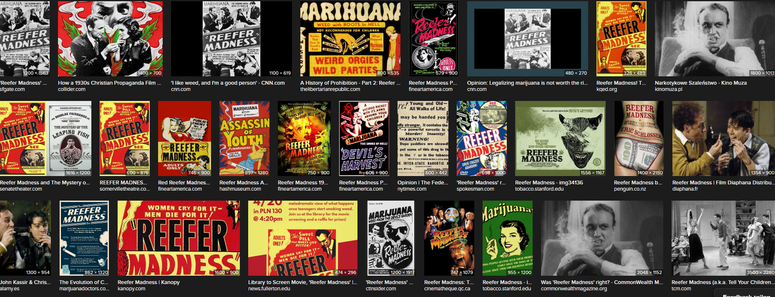 Screenshot 17.02.2025 Bildersuche Internet "Reefer madness anslinger faschismus" Viele Bilderchen mit Links zu artikeln wie das Hanfverbot mit Lug und Betrug entstand