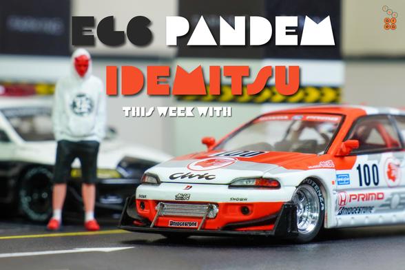 A Honda Civic EG6, Pandem, Idemitsu livery, All In Tuning 2024 Edition by Pop Race in 1:64 scale with 1:64 figure on AREA 164