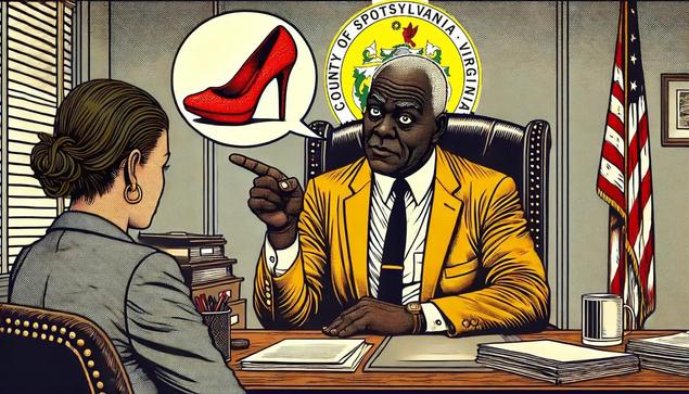 A cartoon depicting a man in a business suit sitting behind a desk in an office with the County of Spotsylvania seal behind him. He points at a younger female employee sitting across from him. A speech bubble above him contains an image of a high-heeled shoe, symbolizing his demand that she wear pumps to the office because she is a woman. The setting includes official documents, a U.S. flag, and a professional office environment.