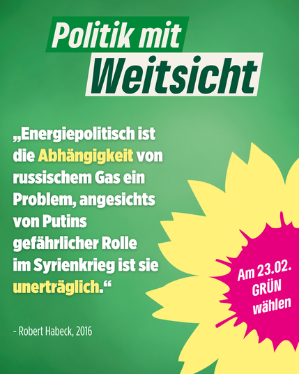 Das Bild zeigt den Text auf grünem Untergrund. Auf der rechten Seite ist zusätzlich eine Sonnenblume und der Hinweis „Am 23.02. GRÜN wählen“. 