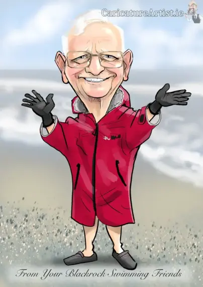 Salthill Swimmer Gift Caricature 1200px drawing featuring male Salthill swimmer in large red Dryrobe