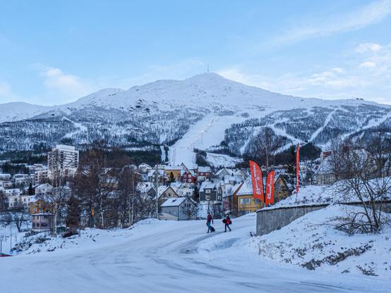 Im Hintergrund schneebedeckter Berg, davor Häuser