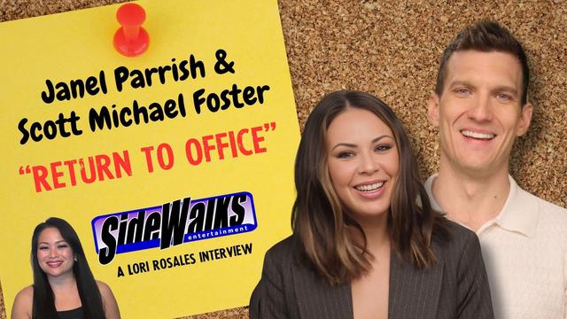 The stars of the Hallmark film are in the foreground, while the host of Sidewalks Entertainment is located in a post-it note. 
