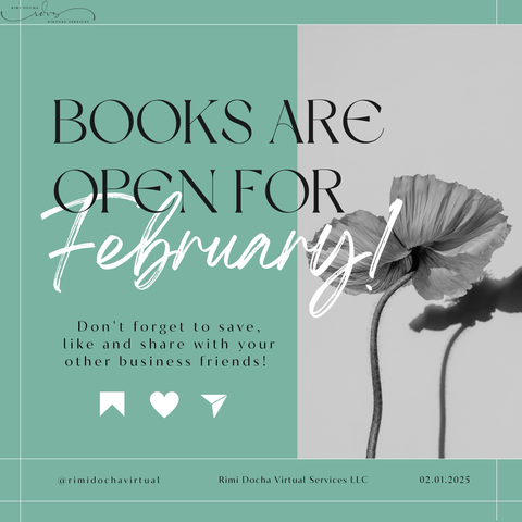 Alt Text: A minimalist yet elegant promotional graphic announcing that service bookings are open for February. A delicate flower on a neutral background complements the soft green and black typography, inviting engagement with a reminder to like, save, and share the post.
