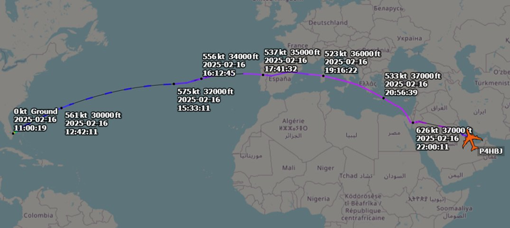 The flight path of the 747-800 flying back to Doha