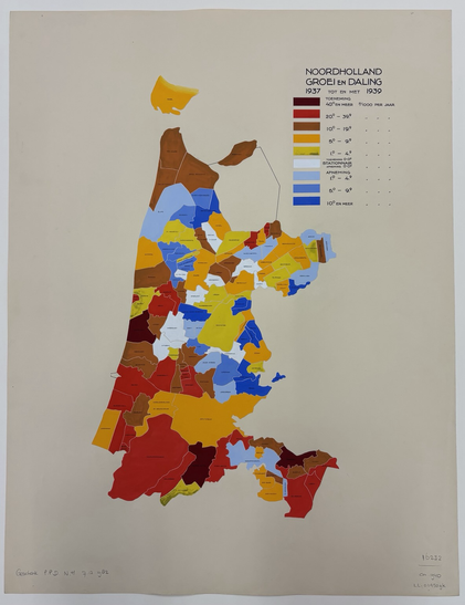 Map of the Dutch province of Noord-Holland showing areas where the population grew and declined between 1937 and 1939.