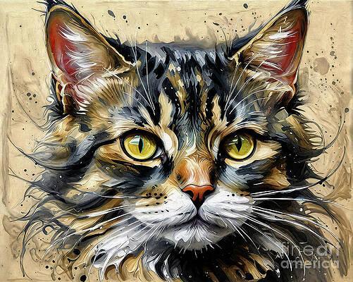 A detailed depiction of a cat with striking golden eyes and expressive fur strokes captures attention. The feline's gaze is captivating, and the background features splashes that add dynamic movement to the composition.