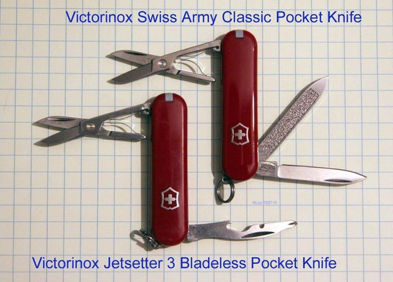 The Victorinox Swiss Army Classic SD Pocket Knife in celador red, its tools deployed for the photo including the tucked in tweezers, the scissors, the nail file and screw driver, and the pen knife, along with the keychain key ring.

Lower and a little to the left is the Victorinox Jetsetter 3 Bladeless Pocket Knife with its tools also deployed for display including the scissors, tweezers, bottle opener/Phillips screwdriver/wire cutter. 

Both Swiss Army Knives are almost completely identical with the tools tucked back into the housing. 

Image borrowed from: https://m.media-amazon.com/images/I/61Grb0s0ycL.jpg

