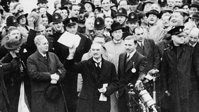 Chamberlain returning from Munich in 1938. Black and white photo