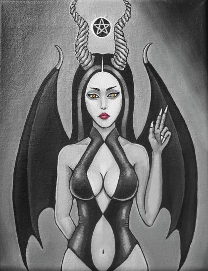 Acrylic painting on canvas,  painted by myself. A mostly black and white image of a demon lady wearing a sexy revealing outfit, with bat wings and horns, and a small pentagram star. The painting can be purchased from my Etsy shop.
