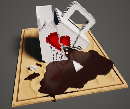 **TL;DR:** A voxel-style broken mug with a heart design spills coffee on a wooden surface.  

The image depicts a voxelart-style broken white mug with a pixelated red heart on its side. The heart appears cracked, matching the mug's damage. Dark coffee spills from the mug onto a wooden surface, with a few voxel shards scattered around. The scene uses blocky, pixel-like textures typical of voxel art, giving it a retro, digital aesthetic.