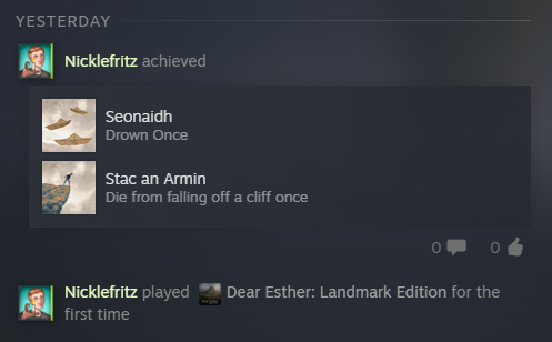 A display of two achievements from the gaming platform, "Steam". The game is "Dear Esther", and the achievements are "Seonaidh: Drown Once" and "Stac an Armin: Die from falling off a cliff once".