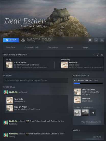 Steam homepage statistics for the user "Nicklefritz" on the game "Dear Esther".