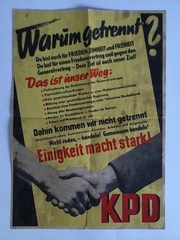 Superviel Text auf KPD-Plakat. In rot ein Slogan, einziges Bild zwei Hände, die sich festhalten