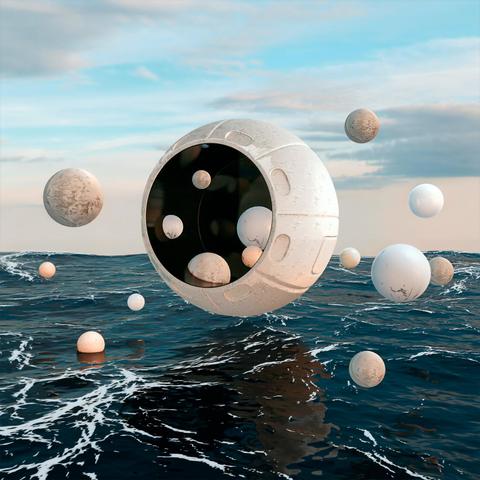 A 3d render created in Blender of floating balls over the ocean