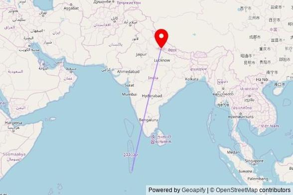 A map showing the great circle route from Fuvahmulah in the Maldives to a map pin at Siddhababa Mandir, Banbehada Road, Dhurjanna, Kailali, Nepal