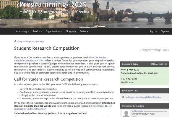 A screenshot of the student research competition website. The submission deadline is Monday, 3rd March 2025, Anywhere on Earth