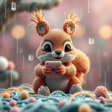 Adorable, cute, and happy baby baby squirrel with a smartphone,  sits amidst a whimsical, blurred background, surrounded by rain made from intricately crocheted strings and yarns