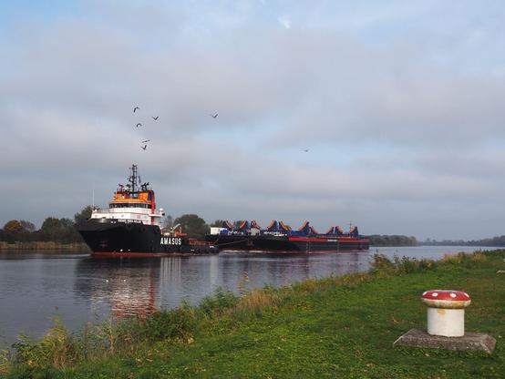 Man sieht den Schlepper auf dem Kanal, der die Barge zieht. Der Himmel ist etwas bewölkt. Über dem Schlepper fliegen mehrere Vögel. Im Vordergrund ist grüne Wiese zu sehen, darauf ein Poller, der wie ein Fliegenpilz (weißer Fuß und roter Hut mit weißen Punkten) angemalt ist.
