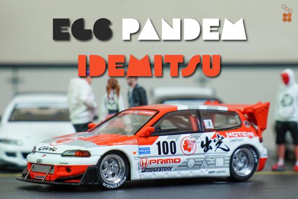 A left side of Honda Civic EG6, Pandem, Idemitsu livery, All In Tuning 2024 Edition by Pop Race in 1:64 scale with 1:64 figure on AREA 164