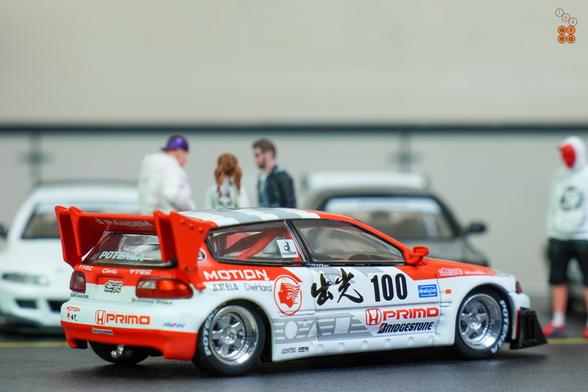 A right side of Honda Civic EG6, Pandem, Idemitsu livery, All In Tuning 2024 Edition by Pop Race in 1:64 scale with 1:64 figure on AREA 164