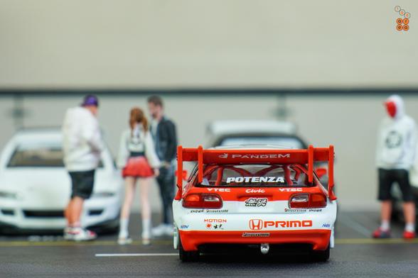 A rear side of Honda Civic EG6, Pandem, Idemitsu livery, All In Tuning 2024 Edition by Pop Race in 1:64 scale with 1:64 figure on AREA 164