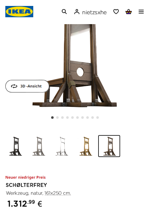 (Fake) Produktansicht einer Guillotine als Verkaufsobjekt im IKEA Online-Shop. Sie steht in den Farben Schwarz, Grau, Weiß, Braun und Natur zur Verfügung, kostet 1312,99 Euro und heißt "Schølterfrey".