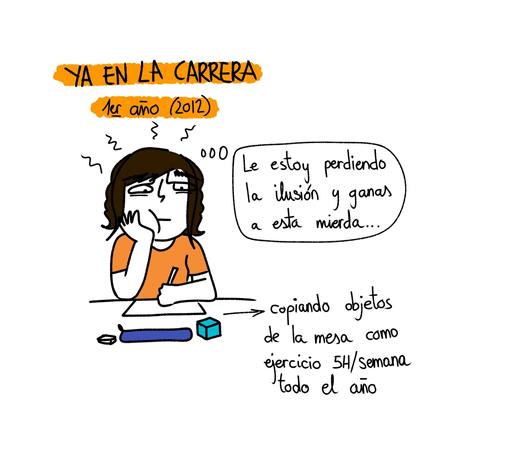 Segunda viñeta con el título "Ya en la carrera" (primer año, 2012). Aparece Eva enfurruñada mientras dibuja copiando objetos de una mesa, que fue el ejercicio que hice cinco horas a la semana durante un año. Un texto sale de su cabeza a modo pensamiento: "Le estoy perdiendo la ilusión y ganas a esta mierda..."
