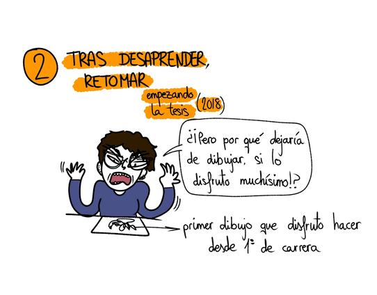 Primera viñeta de una serie de 3, tituladas "2: tras desaprender, retomar". Aparece Eva en 2018 empezando la tesis, tras haber hecho el primer dibujo que disfruta de hacer desde primero de carrera. Mira el dibujo enfadade y dice "¡¿Pero por qué dejaría de dibujar, si lo disfruto muchísimo?!"