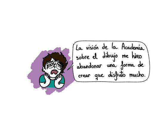 Segunda viñeta, la Eva del presente llora mientras dice "La visión de la Academia sobre el dibujo me hizo abandonar una forma de crear que disfruto mucho"