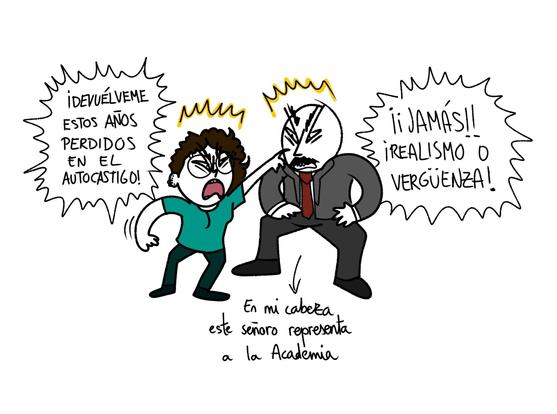 Tercera y última viñeta de esta sección, la Eva del presente señala de cerca con enfado a un señor calvo, con bigote, corbata y traje (en mi cabeza este señoro representa a la Academia). Eva le grita "¡DEVUÉLVEME ESTOS AÑOS PERDIDOS EN EL AUTOGASTIGO!", y el señoro, a su vez enfadado y espatarrado, le grita a Eva "¡¡JAMÁS!! ¡REALISMO O VERGÜENZA!"