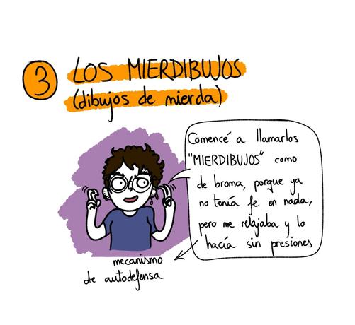 Primera viñeta de una parte de tres, llamada "3. Los mierdibujos (dibujos de mierda)".
La Eva del presente explica: "comencé a llamarlos así como de broma, porque ya no tenía fe en nada, pero me relajaba y dibujaba sin presiones". (Mecanismo de autodefensa)