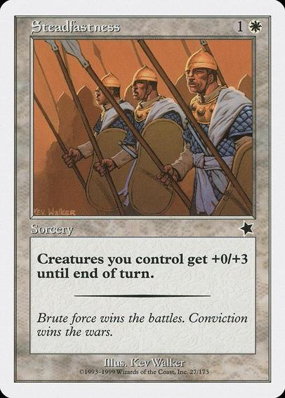 Card Name: Steadfastness
Set: Starter 1999
Description: Creatures you control get +0/+3 until end of turn.
Artist: Kev Walker