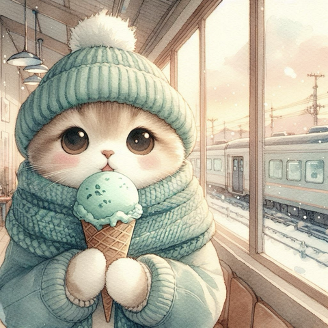 冬の駅待合室で、ミントチョコアイスクリームを楽しむ子猫。雪の舞う窓辺からの優しい光と、温かな室内の雰囲気。