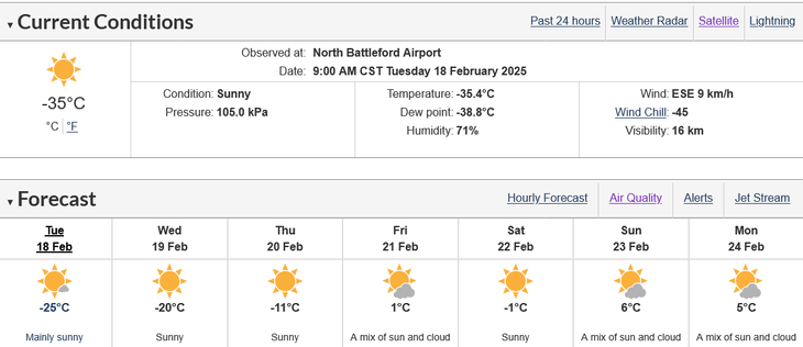 The current weather in North Battleford at minus 37 Celsius. Below that is a 6-day forecast.