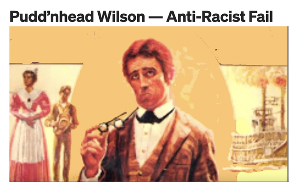  Closeup cover of 20th century edition of book The Tragedy of Pudd'nhead Wilson, Wilson in centery, the title "Pudd'nhead Wilson -- Anti-Racist Rail"