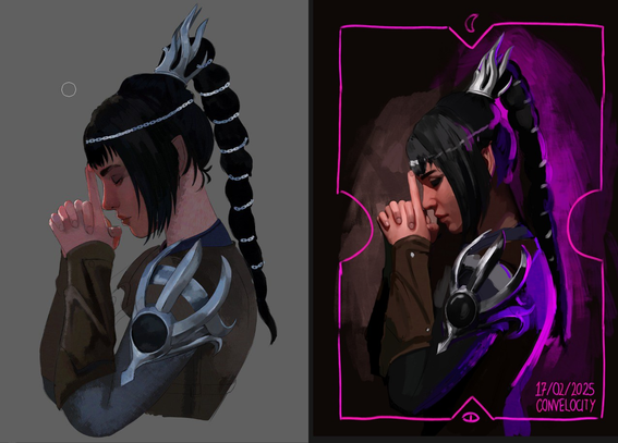 Two sketches of digital paintings showing the same dark haired elf woman from the side. The version on the left shows a daylight scene, the version on the right is far darker with artificial colourless and neon light. One of my cats is fighting for the keyboard as I'm trying to post this even though she has her own fake keyboard to play with.