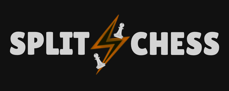 Logo of the game Split Chess with a bolt and chess pawns in the middle.
