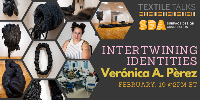 Promo slide for lecture. Left: honeycomb of photos, including woven/braided works in a gallery, black on a white wall; a workroom with a class, the artist with hair up in two buns. Right: text with title and artist, see post.