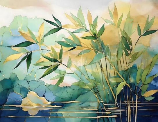 beautiful bamboo leaves in water with yellows, greens, and blues working together in harmony