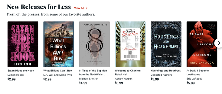 Some of the books featured in this week's "New releases for less" promotion at Bookbub, including "8: Tales of The Big Men from The Nod/Wells Timelines" by Michael Shotter.