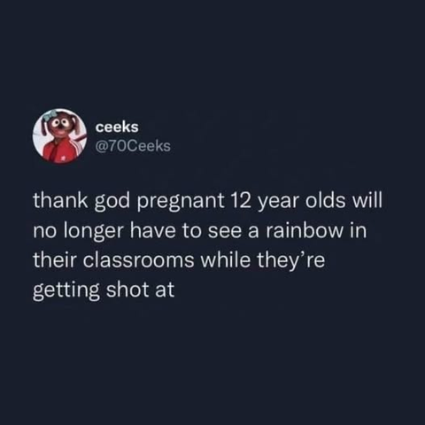 ceeks @70Ceeks

thank god pregnant 12 year olds will no longer have to see a rainbow in their classrooms while they're getting shot at