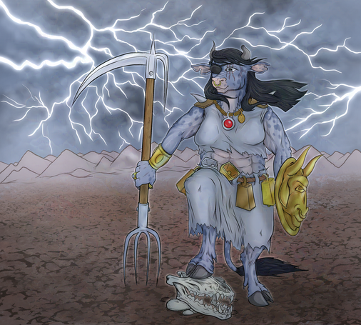 In a barren plain, in front of a range of desolate mountains, an anthropomorphic Belgian Blue cow of the Barbarian class (from Dungeons and Dragons) stands statuesque, clothed in fabric with torn-looking edges. She holds a weapon in her right hand, with one end forming a pitchfork, which rests on the ground, and the other a scythe and pike hook. The weapon is as long as the barbarian is tall. her left hand holds at her side a shield, fashioned in the shape of a bull's face. Her arms and midsection are exposed and muscular. Her right foot rests atop a canine skull. One of her horns is cut off at the tip. She wears an eyepatch over her right eye, and the left one bears a scar from the swipe of a beast's claw. Her ears are both torn, presumably from having an earring or ear tag torn out of each. There is a regal looking bracelet around her right forearm, rings on her fingers, and a necklace of cylindrical beads and a round jeweled amulet around her neck. Leather pauldrons sit on each shoulder with a spike or horn protruding upward and outward, and a belt draped with large cow bells wraps the ragged skirt about her waist. Her long dark hair blows in the wind and there is a ring in her nose. The sky is filled with foreboding clouds, and a many-pronged lightning bolt flashes across the sky.