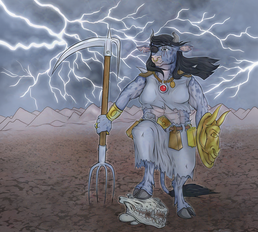 (Same as previous image, with a slight gray haze added in.) In a barren plain, in front of a range of desolate mountains, an anthropomorphic Belgian Blue cow of the Barbarian class (from Dungeons and Dragons) stands statuesque, clothed in fabric with torn-looking edges. She holds a weapon in her right hand, with one end forming a pitchfork, which rests on the ground, and the other a scythe and pike hook. The weapon is as long as the barbarian is tall. her left hand holds at her side a shield, fashioned in the shape of a bull's face. Her arms and midsection are exposed and muscular. Her right foot rests atop a canine skull. One of her horns is cut off at the tip. She wears an eyepatch over her right eye, and the left one bears a scar from the swipe of a beast's claw. Her ears are both torn, presumably from having an earring or ear tag torn out of each. There is a regal looking bracelet around her right forearm, rings on her fingers, and a necklace of cylindrical beads and a round jeweled amulet around her neck. Leather pauldrons sit on each shoulder with a spike or horn protruding upward and outward, and a belt draped with large cow bells wraps the ragged skirt about her waist. Her long dark hair blows in the wind and there is a ring in her nose. The sky is filled with foreboding clouds, and a many-pronged lightning bolt flashes across the sky.