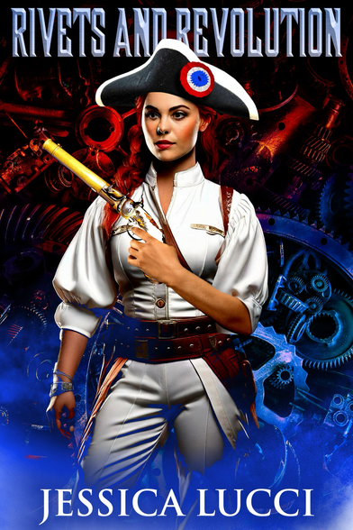 “Rivets and Revolution” by Jessica Lucci book cover with an image of a woman holding a weapon and wearing a tricot hat with a backdrop of red and blue gears.