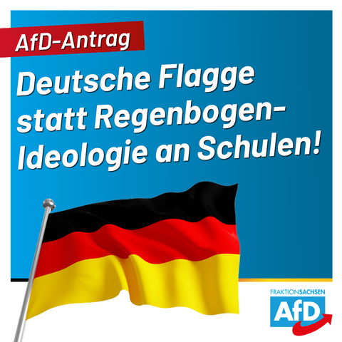 Wahlplakat der #NoAfD-Fraktion #Sachsen mit der Deutschlandfahne 

Aufschrift:

"AfD-Antrag

Deutsche Flagge statt Regenbogen-Ideologie an Schulen!"

Quelle: https://afd-fraktion-sachsen.de/wp-content/uploads/2023/11/Flagge.png